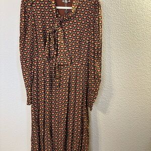 Camicetta Snob Womens Midi Dress Brown Floral Print Long Sleeve Tie Neck Viscose